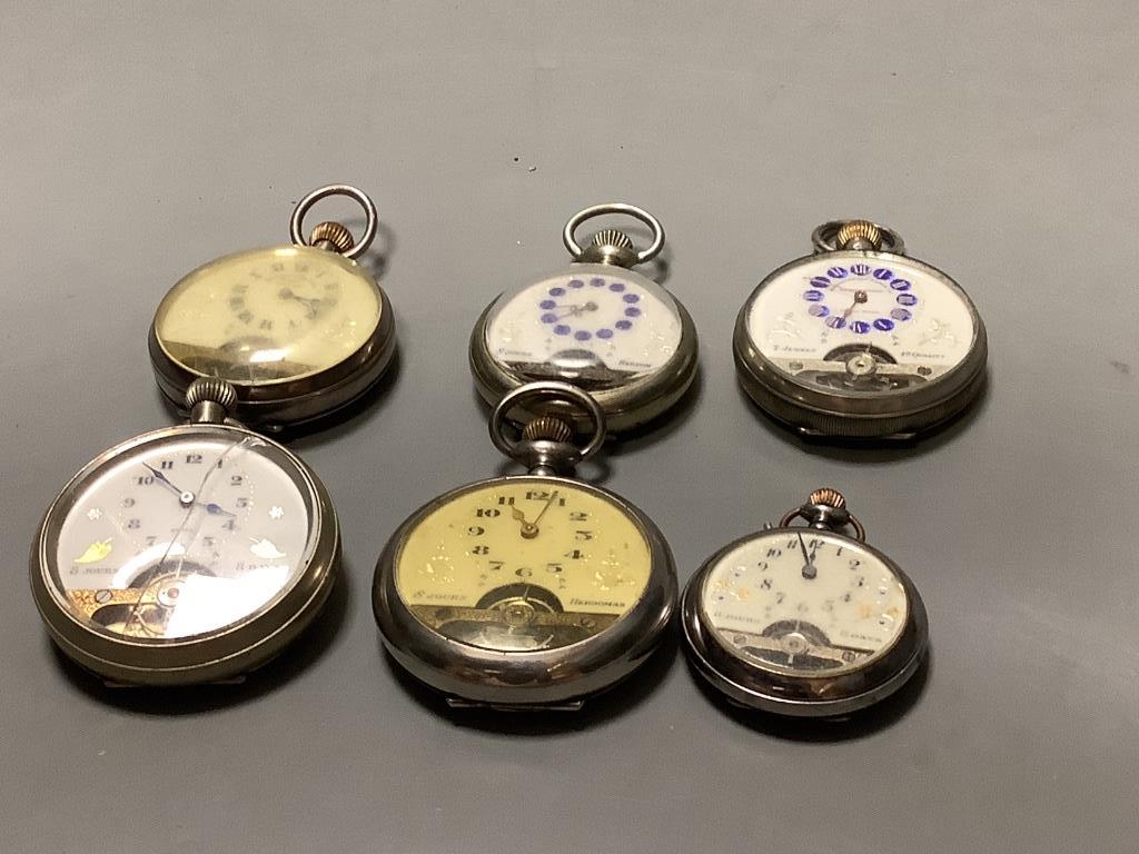 Three base metal Hebdomas pocket watches including one silver and three other Hebdomas style pocket watches (a.f.)